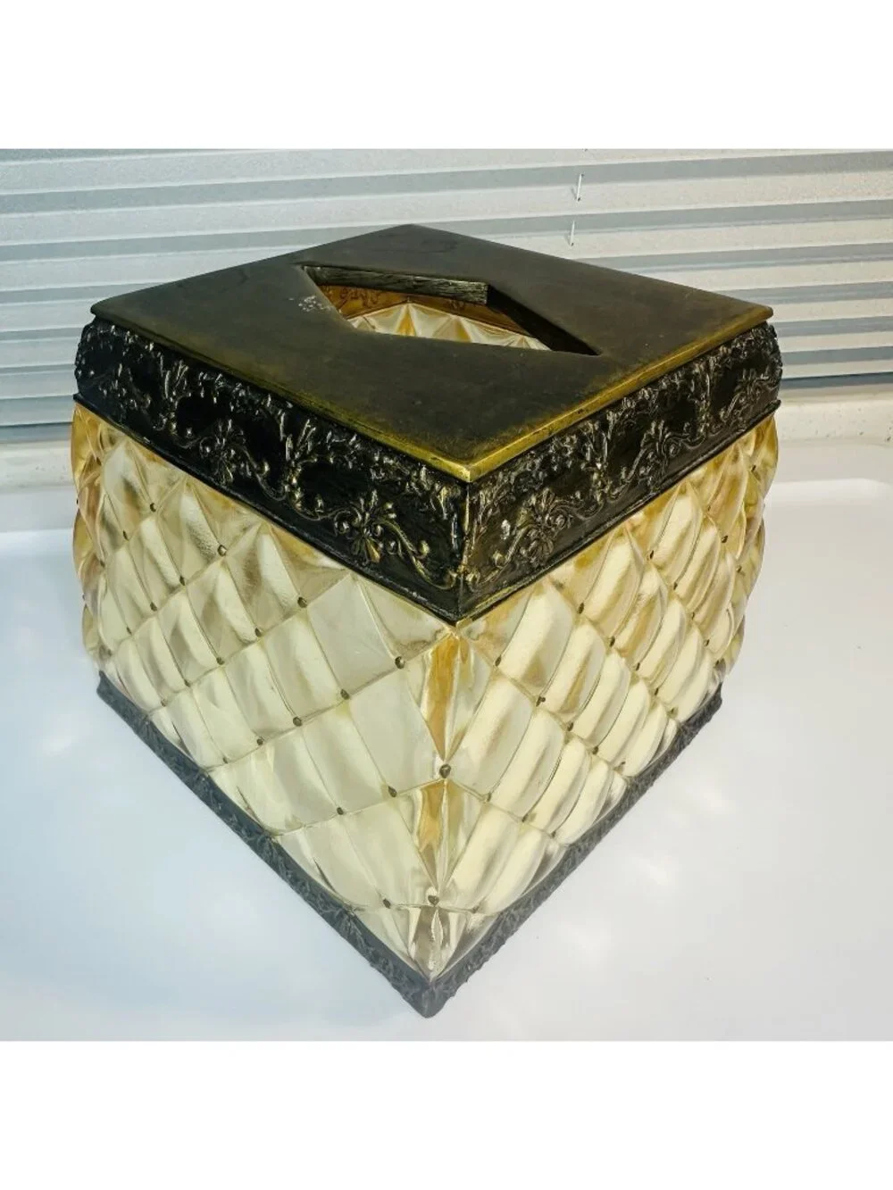 Vintage Amber Heavy Lucite Acrylic Square Tissue Box Holder Gold Ornate Regency